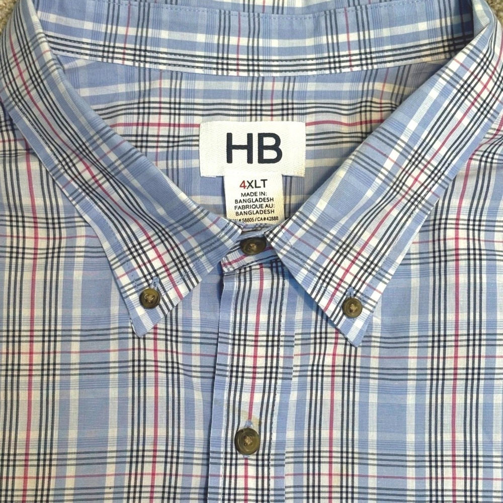 Mens 4XLT Button Down Shirt HB Blue Plaid Short Sleeve Big And Tall